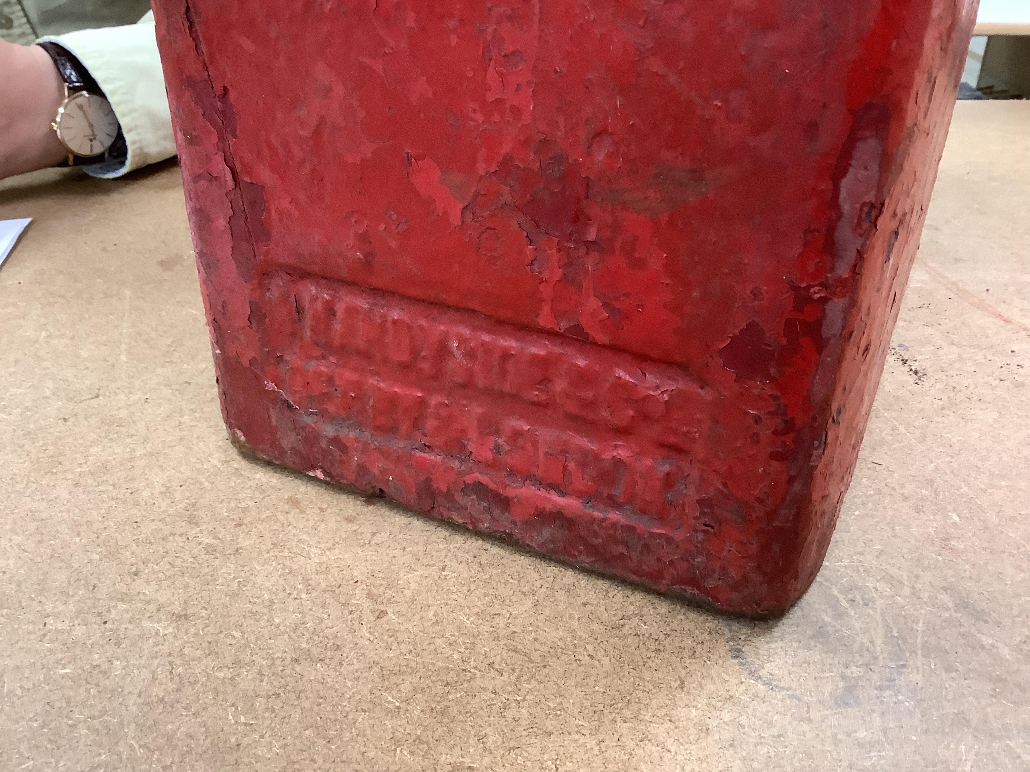 A Handyside & Co. George V red painted iron domed topped wall/post mounting post box, height 50.cm high x 19cm wide